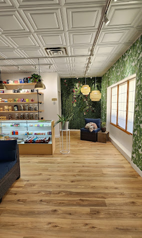 Plant wall and seating area inside the Victor store