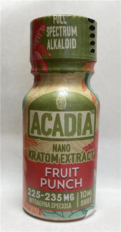 Acadia Nano Kratom Extract shot, butterscotch flavor, 10 ml bottle on a white background.